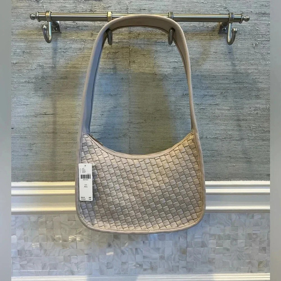 NWT new Anthropologie woven neoprene shoulder bag zip neutral beige nylon - Picture 3 of 17